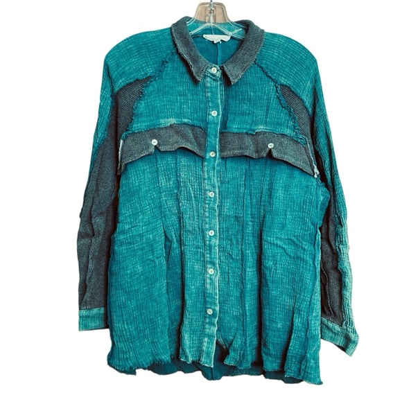 Sewn & Seen Mineral Wash Cotton Button Down Top in Teal Thermal Accents (Size S) - Picture 1 of 13